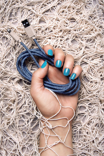Blue iPhone Lightning cable · 6.5' · Made of recycled fishing nets